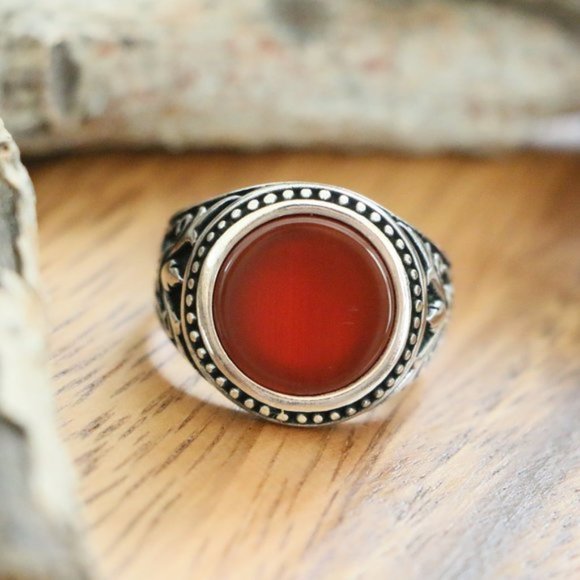 925 Sterling Silver Men's Ring Natural Red Agate - Picture 2 of 9